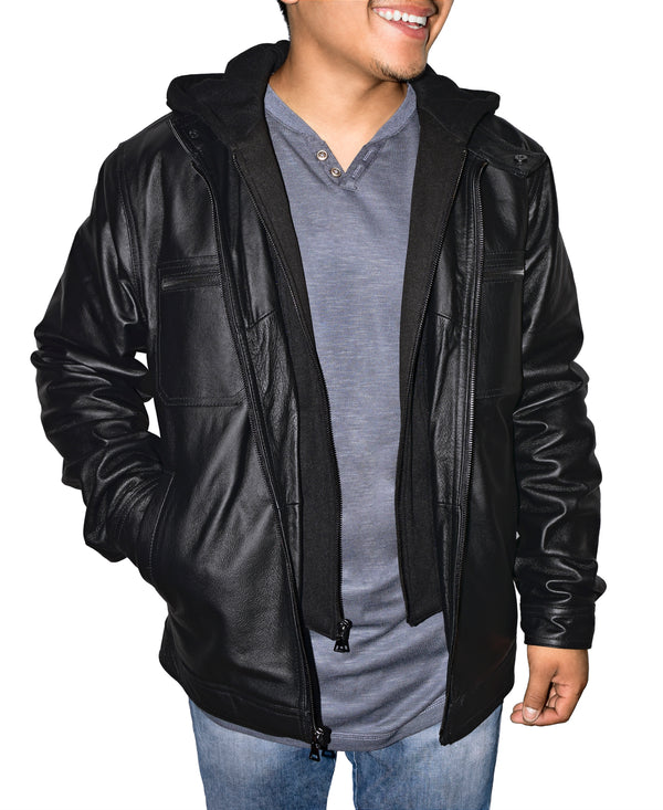 Men's Leather Racing Jacket w/ Hood